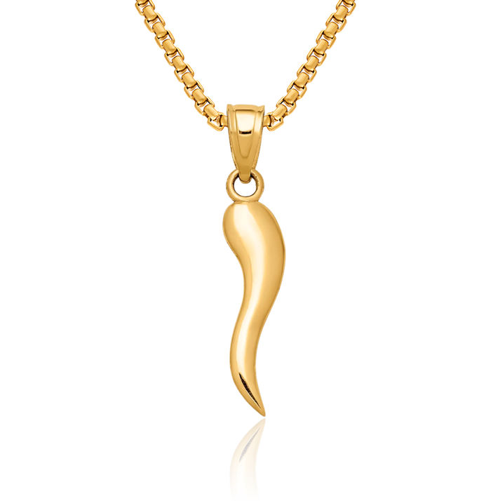 10K Solid Yellow Gold Cornicello Italian Horn Necklace Lucky Protection Amulet Pendant Chilli Pepper Charm