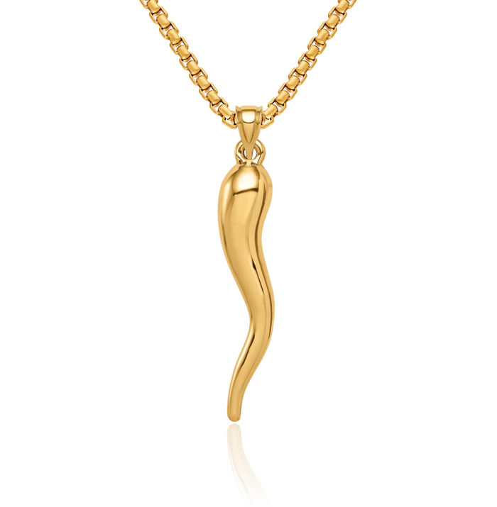 10K Solid Yellow Gold Cornicello Italian Horn Necklace Lucky Protection Amulet Pendant Chilli Pepper Charm