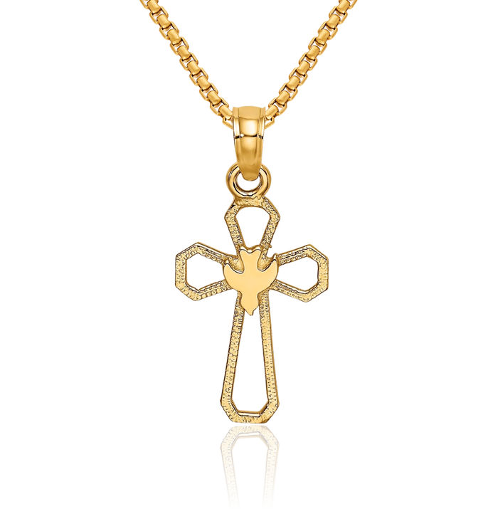 10K Solid Yellow Gold Cross Dove Symbol Peace Love Holy Spirit Necklace Religious Chain Pendant Jesus Christ Charm