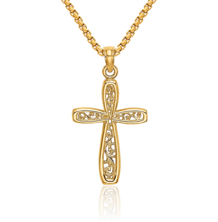 10K Solid Yellow Gold Latin Mexican Holy Cross Antique Filigree Necklace Religious Chain Pendant Jesus Christ Charm