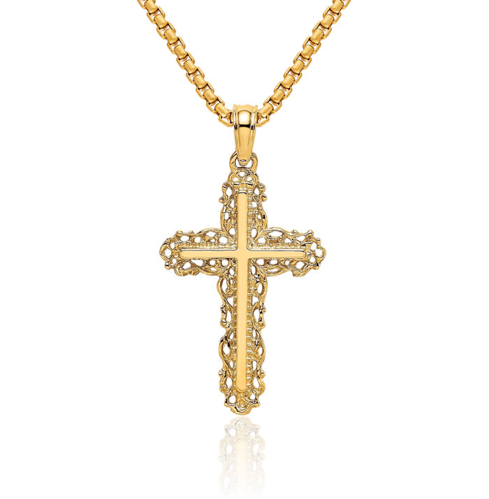 10K Solid Yellow Gold Holy Cross Antique Filigree Necklace Religious Chain Pendant Jesus Christ Charm