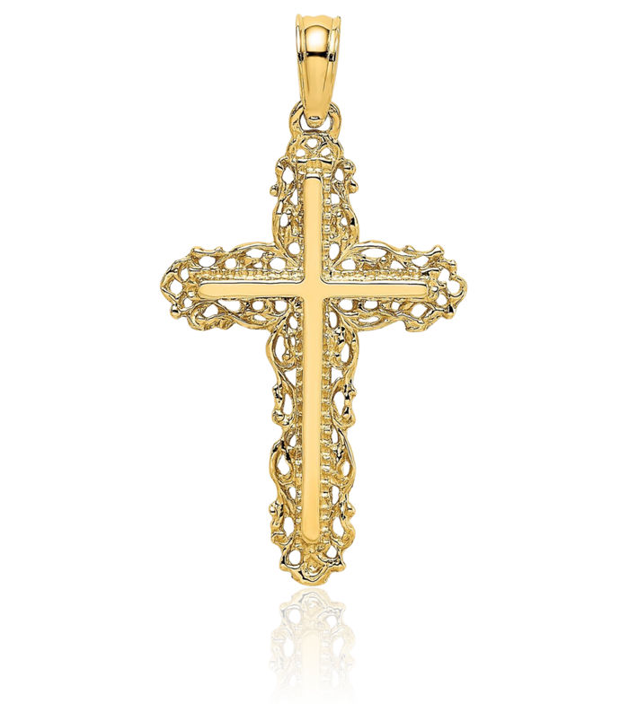 10K Solid Yellow Gold Holy Cross Antique Filigree Necklace Religious Chain Pendant Jesus Christ Charm