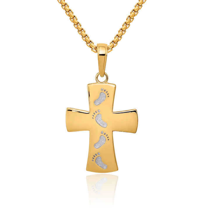 10K Solid Yellow Gold Holy Cross Footprints Necklace Religious Chain Pendant Jesus Christ Charm
