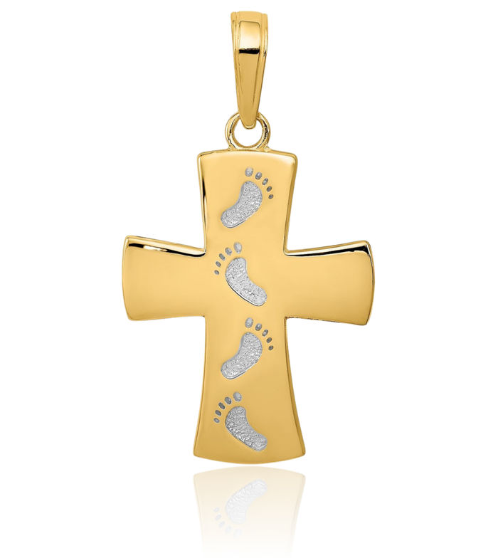 10K Solid Yellow Gold Holy Cross Footprints Necklace Religious Chain Pendant Jesus Christ Charm