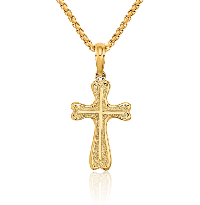 10K Solid Yellow Gold Latin Mexican Holy Cross Heart Edges Necklace Religious Chain Pendant Jesus Christ Charm