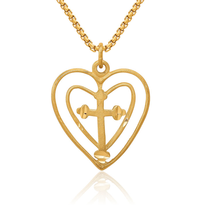 10K Solid Yellow Gold Holy Cross Heart Necklace Religious Chain Pendant Jesus Christ Charm