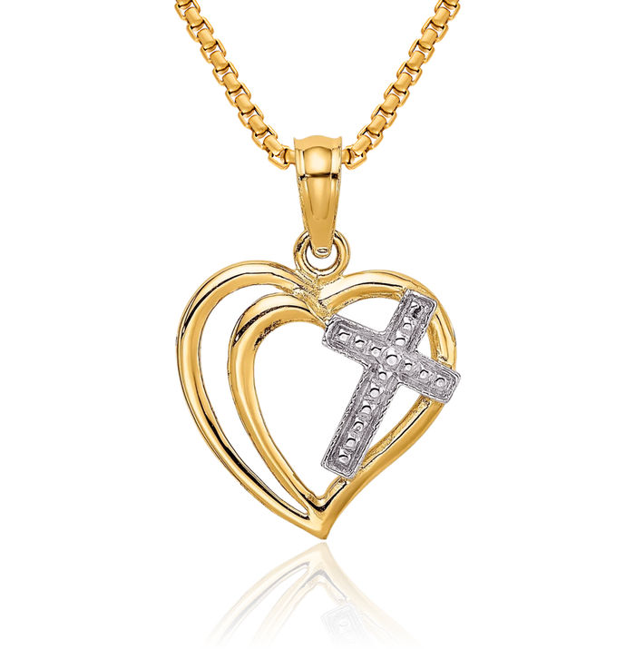 10K Solid Yellow Gold Holy Cross Heart Necklace Religious Chain Pendant Jesus Christ Charm