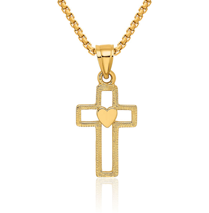 10K Solid Yellow Gold Latin Mexican Holy Cross Heart Necklace Religious Chain Pendant Jesus Christ Charm