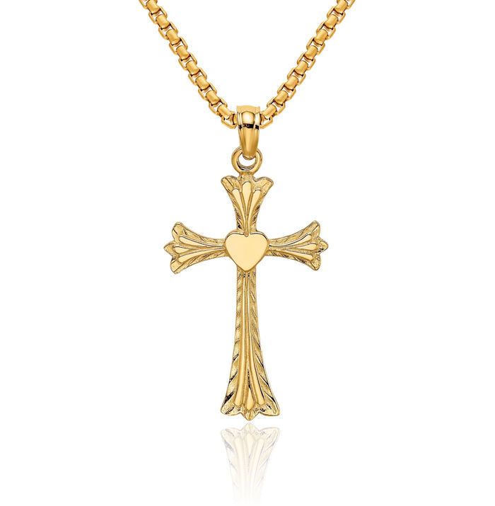 10K Solid Yellow Gold Holy Cross Heart Necklace Religious Chain Pendant Jesus Christ Charm