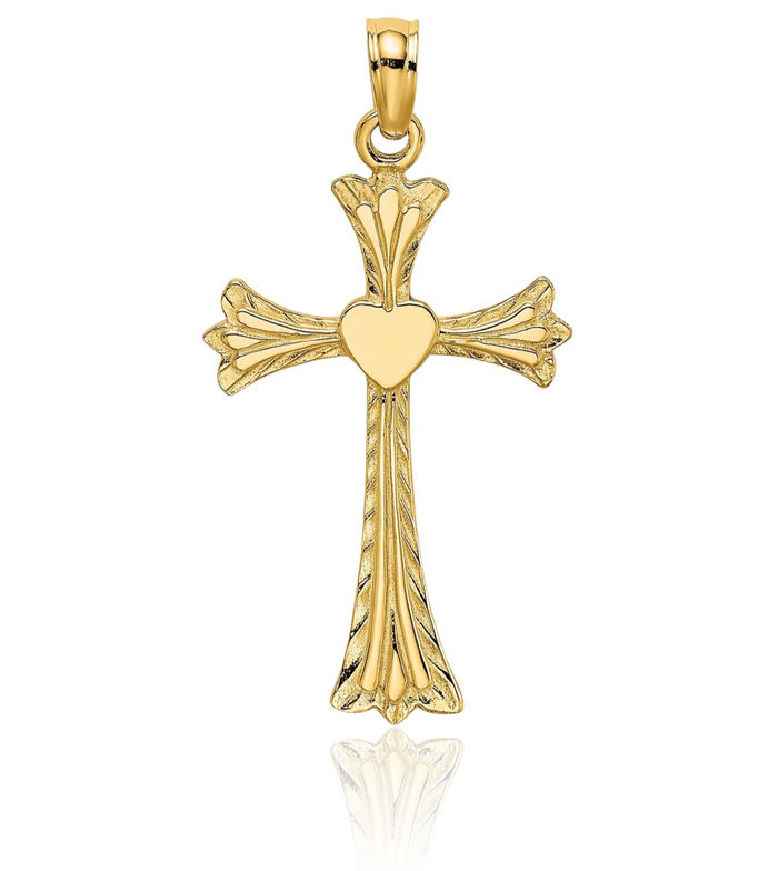 10K Solid Yellow Gold Holy Cross Heart Necklace Religious Chain Pendant Jesus Christ Charm