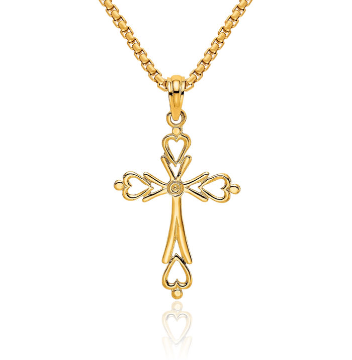 10K Solid Yellow Gold Holy Cross Heart Necklace Religious Chain Pendant Jesus Christ Charm