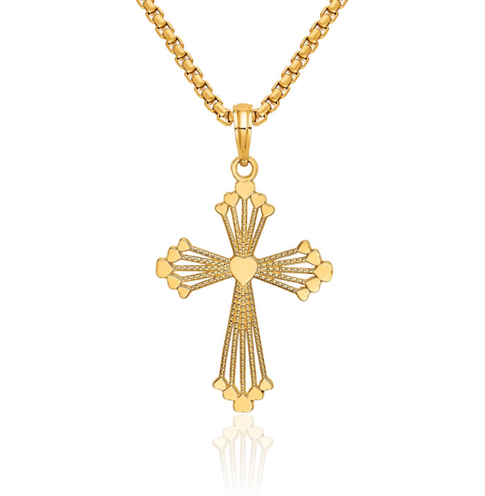 10K Solid Yellow Gold Holy Cross Heart Necklace Religious Chain Pendant Jesus Christ Charm