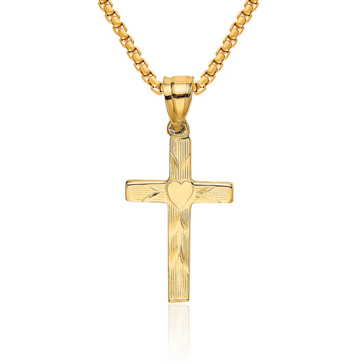 10K Solid Yellow Gold Holy Cross Heart Necklace Religious Chain Pendant Jesus Christ Charm