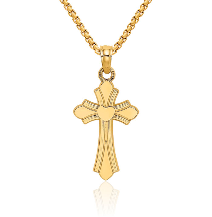 10K Solid Yellow Gold Holy Cross Heart Necklace Religious Chain Pendant Jesus Christ Charm