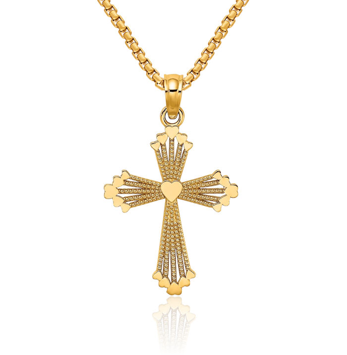 10K Solid Yellow Gold Holy Cross Heart Necklace Religious Chain Pendant Jesus Christ Charm