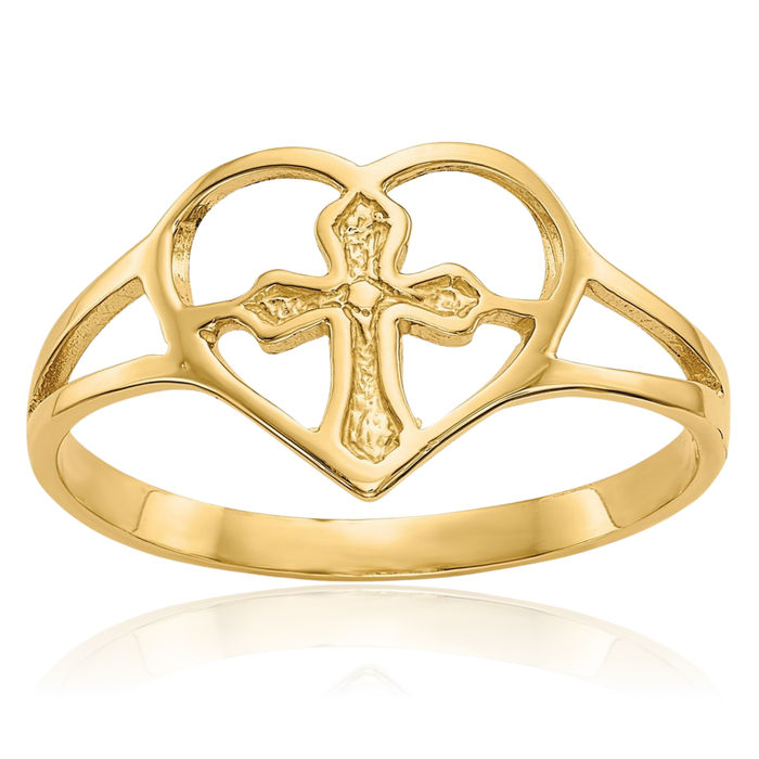 10K Solid Yellow Gold Holy Cross Heart Ring Christian Religious Love Band