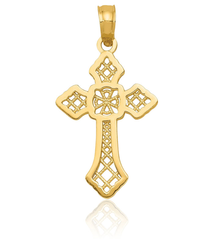 10K Solid Yellow Gold Filigree Celtic Medium Cross Lace Arrow