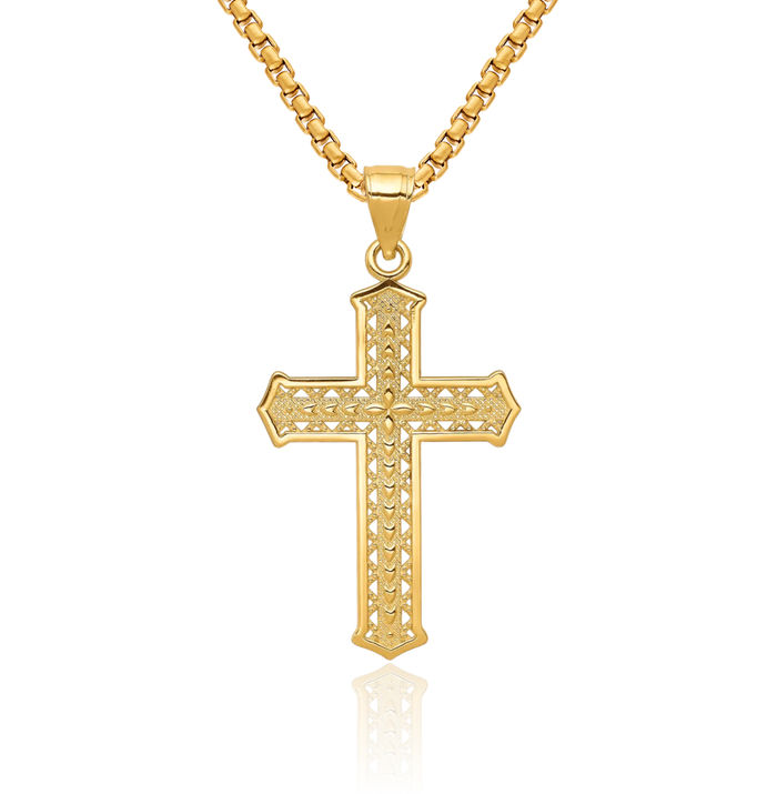 10K Solid Yellow Gold Holy Cross Necklace Religious Chain Pendant Jesus Christ Charm