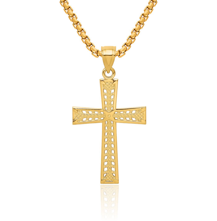 10K Solid Yellow Gold Latin Mexican Holy Cross Necklace Religious Chain Pendant Jesus Christ Charm
