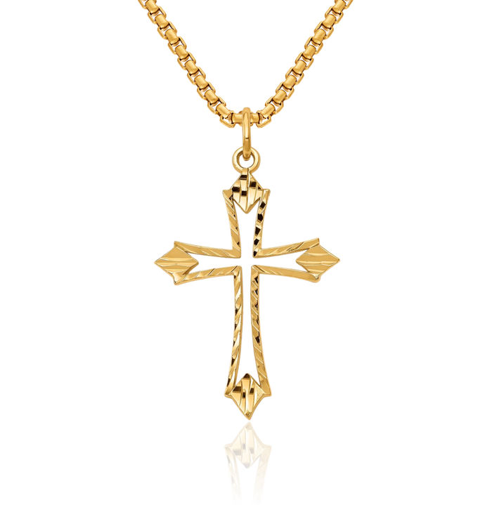 10K Solid Yellow Gold Holy Cross Necklace Religious Chain Pendant Jesus Christ Charm