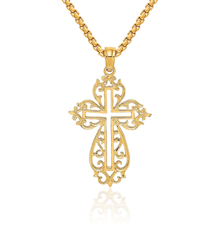 10K Solid Yellow Gold Holy Cross Necklace Religious Chain Pendant Jesus Christ Charm