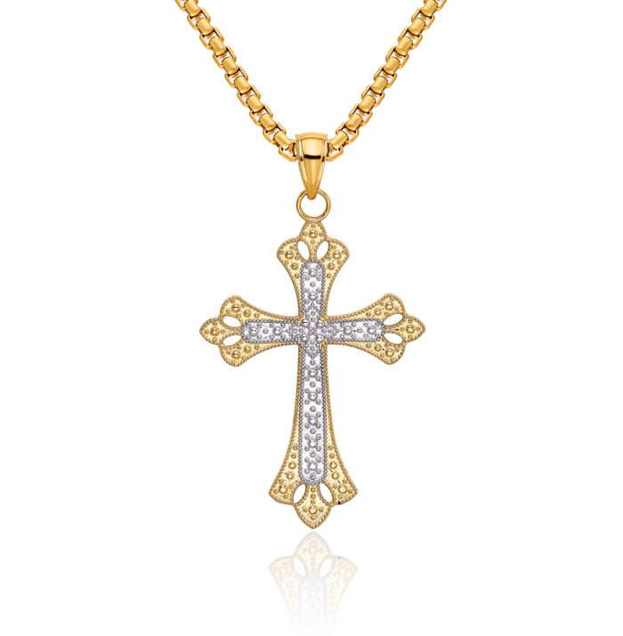 10K Solid Yellow Gold Holy Cross Necklace Religious Chain Pendant Jesus Christ Charm
