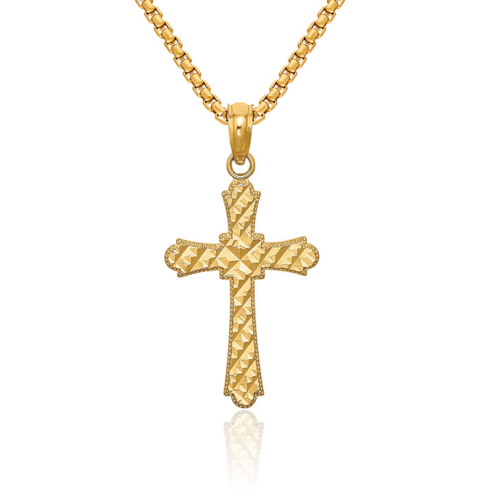 10K Solid Yellow Gold Holy Cross Necklace Religious Chain Pendant Jesus Christ Charm