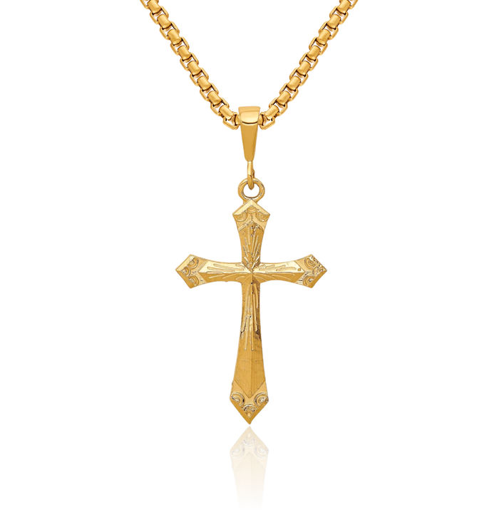 10K Solid Yellow Gold Holy Cross Necklace Religious Chain Pendant Jesus Christ Charm