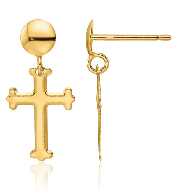 10K Solid Yellow Gold Holy Cross Post Christian Religious Drop Dangle Earrings