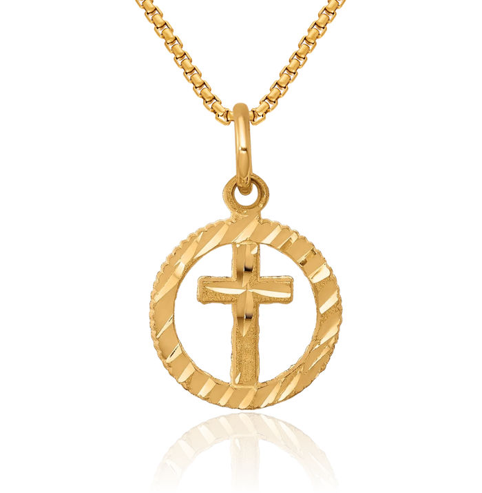 10K Solid Yellow Gold Latin Mexican Holy Cross Circle Round Eternal Life Necklace Religious Chain Pendant Jesus Christ Charm