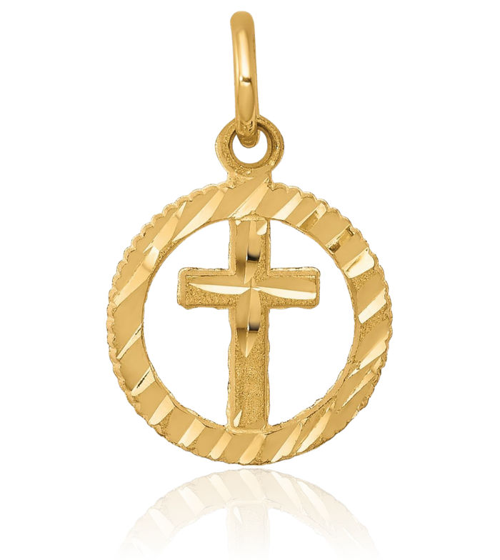 10K Solid Yellow Gold Latin Mexican Holy Cross Circle Round Eternal Life Necklace Religious Chain Pendant Jesus Christ Charm