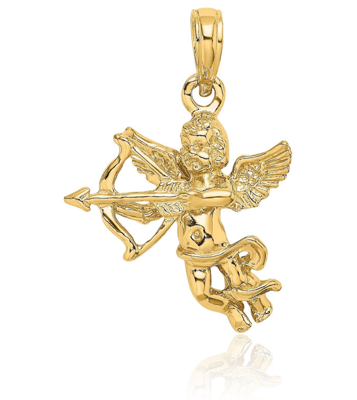 10K Solid Yellow Gold Cupid Bow Arrow Necklace Chain Pendant Charm