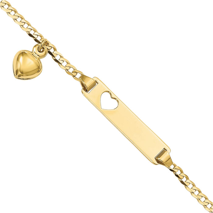 10K Solid Yellow Gold Curb Link Name Bar Identification ID Bracelet Dangling Heart