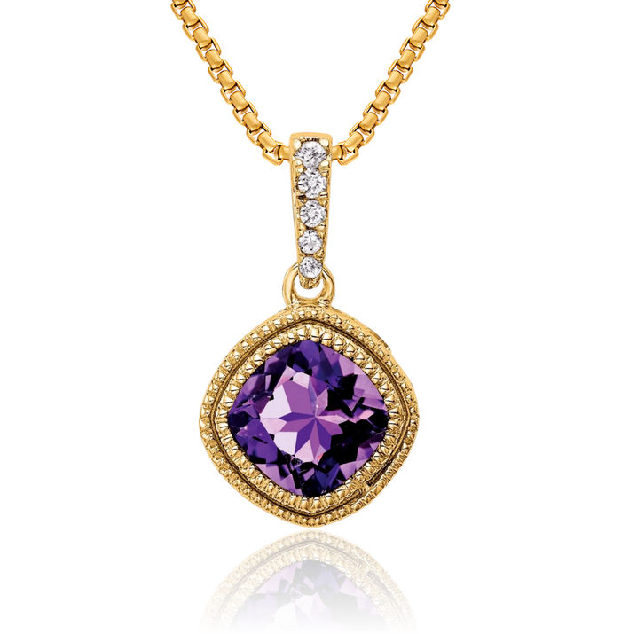 10K Solid Yellow Gold Cushion-Cut Purple Amethyst Diamond Necklace Charm Gemstone Pendant