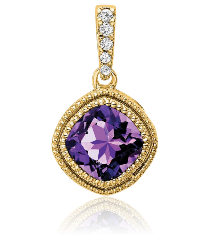 10K Solid Yellow Gold Cushion-Cut Purple Amethyst Diamond Necklace Charm Gemstone Pendant