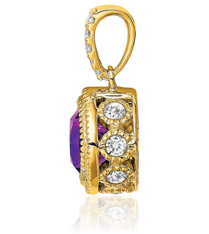 10K Solid Yellow Gold Cushion-Cut Purple Amethyst Diamond Necklace Charm Gemstone Pendant