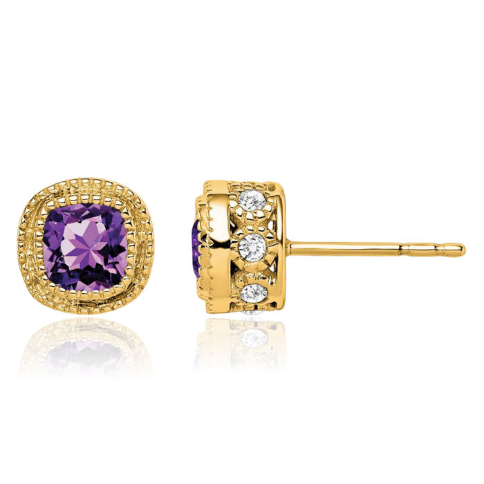 10K Solid Yellow Gold Cushion-Cut Purple Amethyst Diamond Stud Solitaire Earrings February Birthstone Jewelry