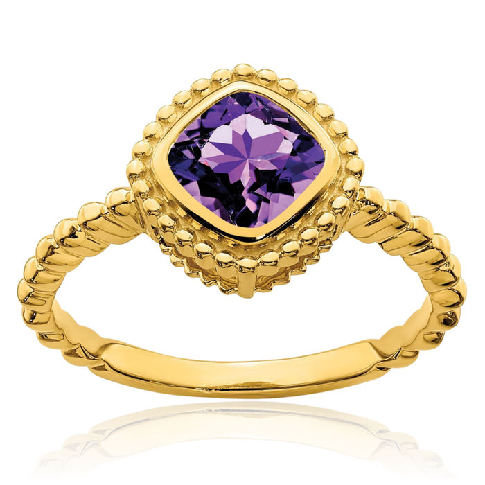 10K Solid Yellow Gold Cushion-Cut Purple Amethyst Ring Gemstone Band