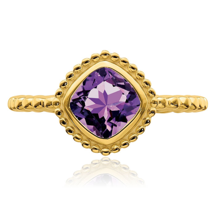 10K Solid Yellow Gold Cushion-Cut Purple Amethyst Ring Gemstone Band