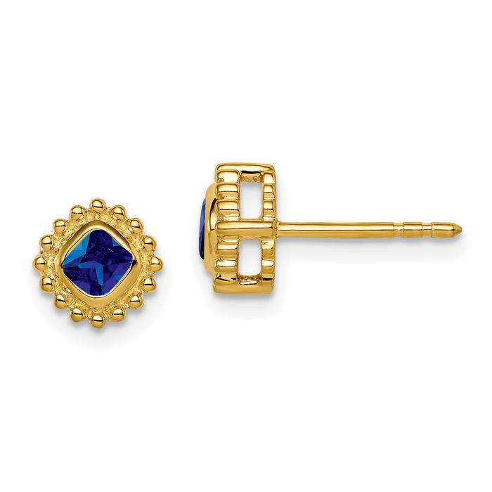 10K Solid Yellow Gold Cushion-Cut Blue Sapphire Stud Earrings September Birthstone Jewelry