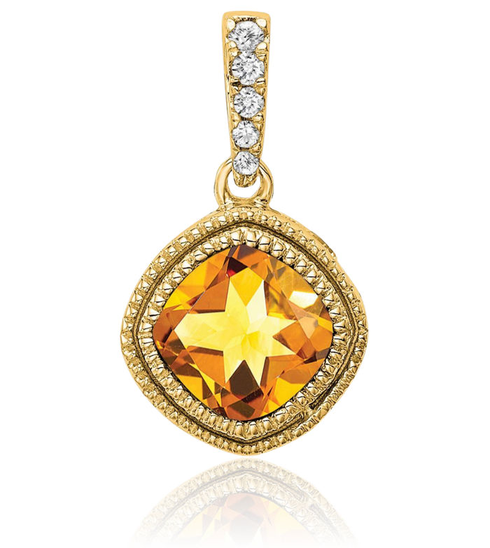 10K Solid Yellow Gold Cushion-Cut Orange Citrine Diamond Necklace Charm Gemstone Pendant