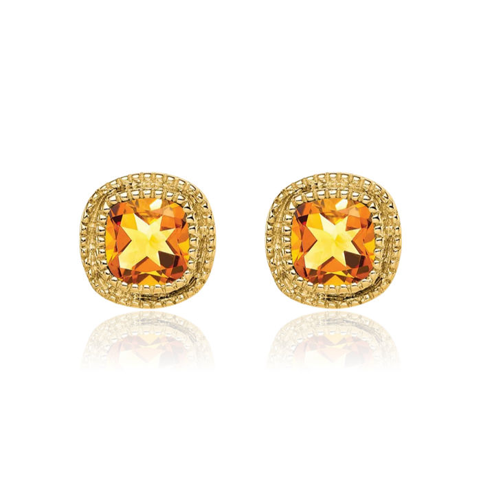 10K Solid Yellow Gold Cushion-Cut Orange Citrine Diamond Stud Solitaire Earrings November Birthstone Jewelry