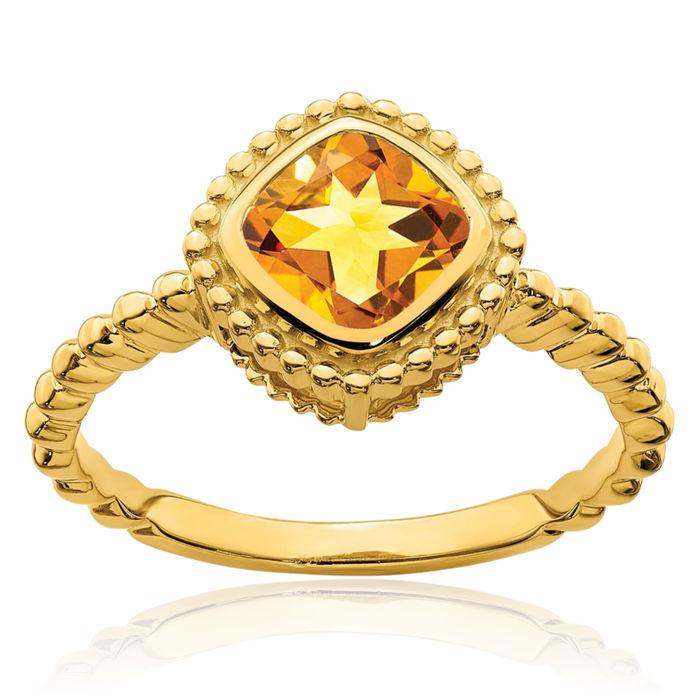 10K Solid Yellow Gold Cushion-Cut Orange Citrine Ring Gemstone Band