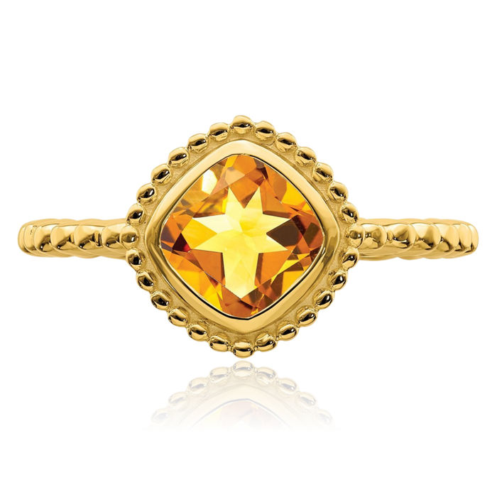 10K Solid Yellow Gold Cushion-Cut Orange Citrine Ring Gemstone Band