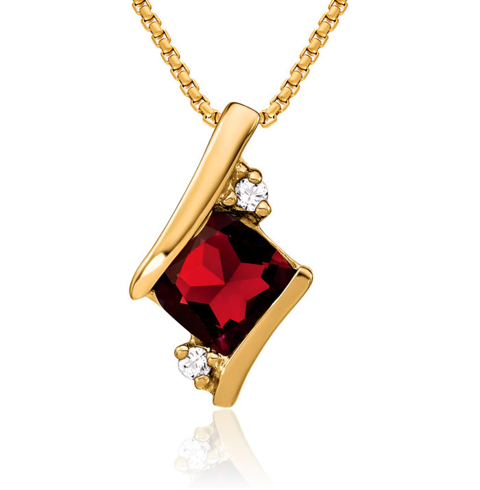 10K Solid Yellow Gold Cushion-Cut Red Garnet Diamond Floating Chain Slide Pendant Necklace Gemstone Charm