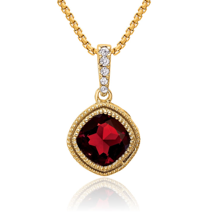 10K Solid Yellow Gold Cushion-Cut Red Garnet Diamond Geometric Necklace Charm Gemstone Pendant