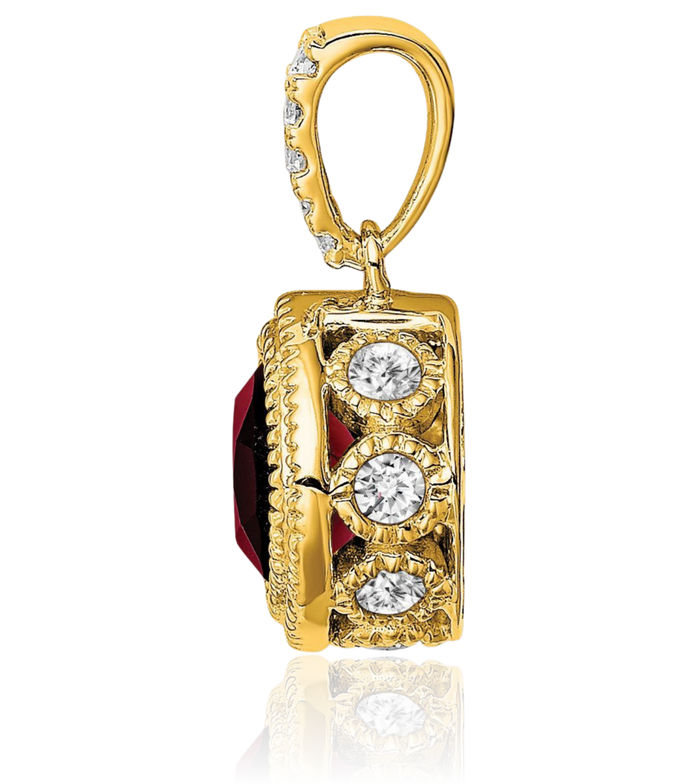 10K Solid Yellow Gold Cushion-Cut Red Garnet Diamond Geometric Necklace Charm Gemstone Pendant