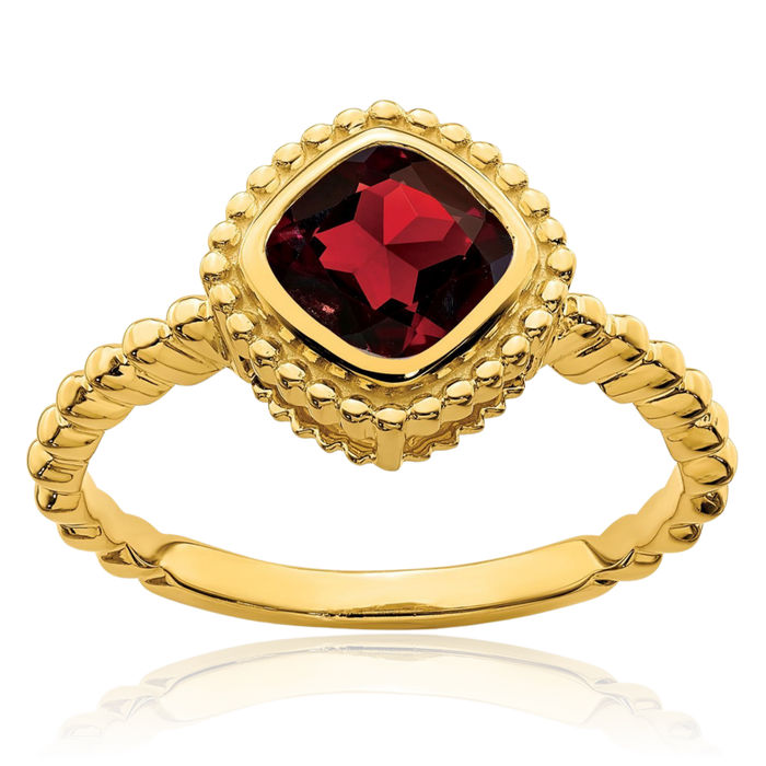 10K Solid Yellow Gold Cushion-Cut Red Garnet Ring Gemstone Band