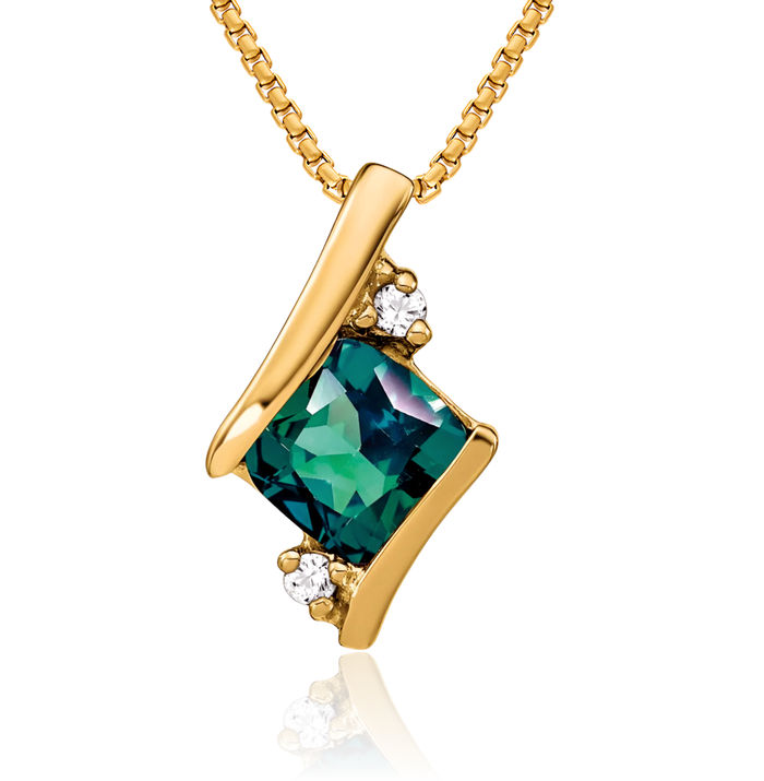 10K Solid Yellow Gold Cushion-Cut Lab Alexandrite Diamond Floating Chain Slide Pendant Necklace Gemstone Charm June Birthstone Jewelry