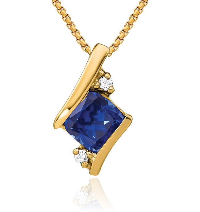 10K Solid Yellow Gold Cushion-Cut Lab Blue Sapphire Diamond Floating Chain Slide Pendant Necklace Gemstone Charm September Birthstone Jewelry